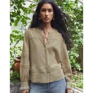 Wrap London Embroidered Blouse Crinkle Cotton Sand Beige Boho Womens US 12 UK 16